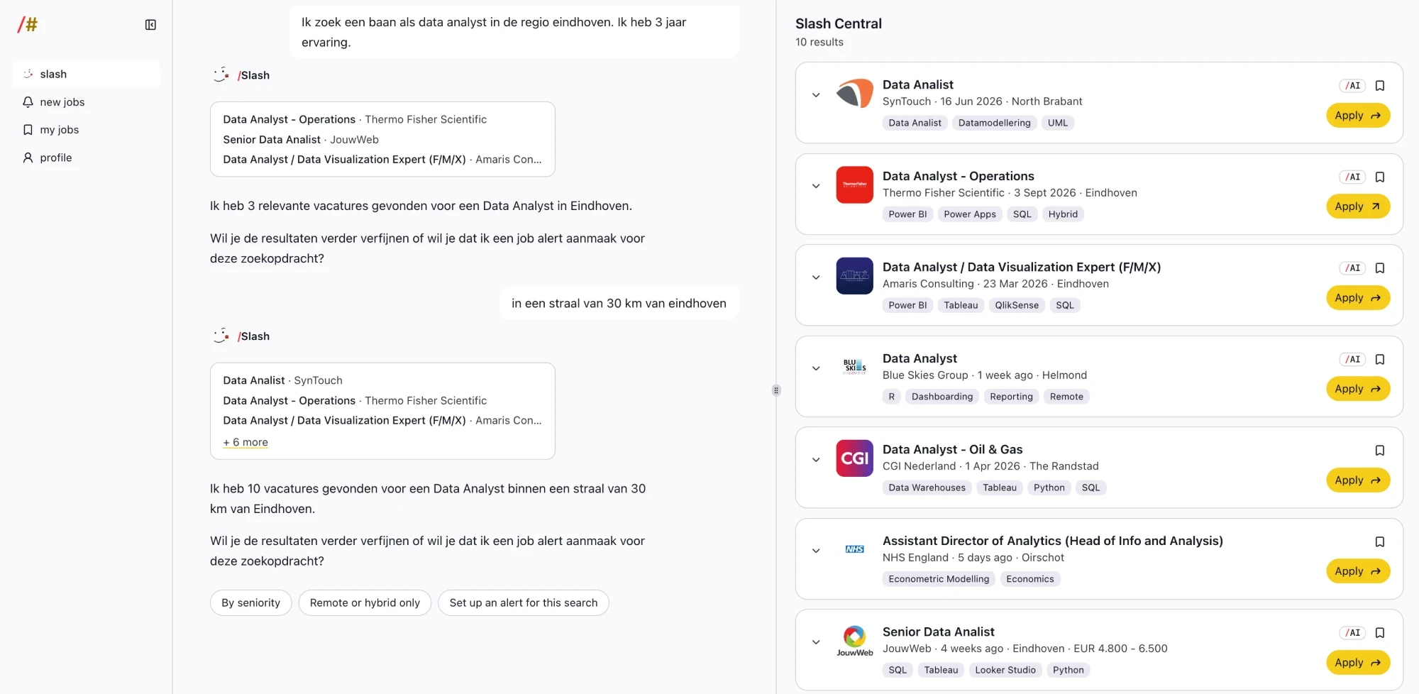 The SlashHash app: a search typed to Slash in the chat, and the matching jobs listed beside it